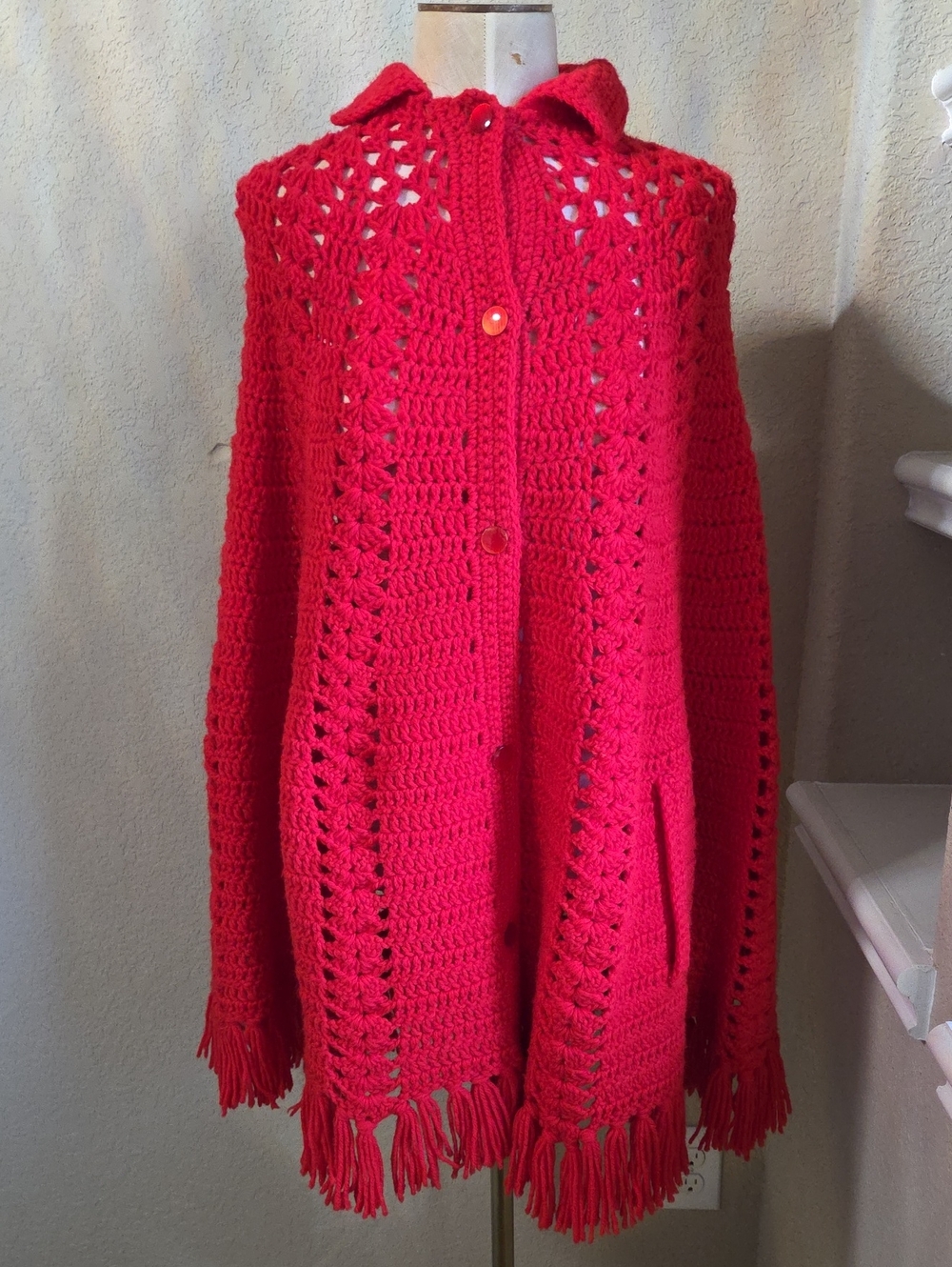 Handcrafted Red Crochet Fringe Women's Sweater Cape